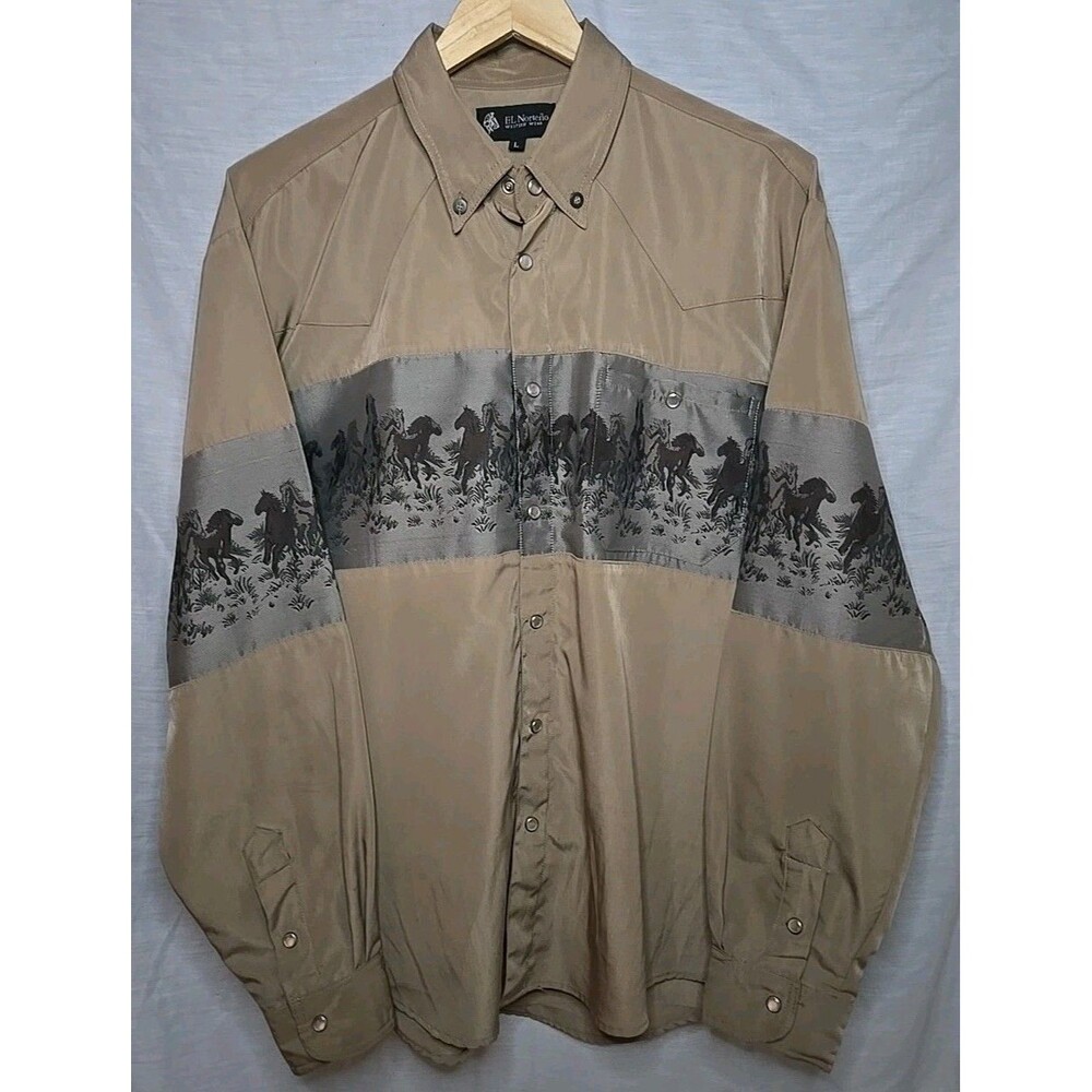 El Norteno Cowboy Western Pearl Snap Shirt Men Large Horse Embroidery Light Wear